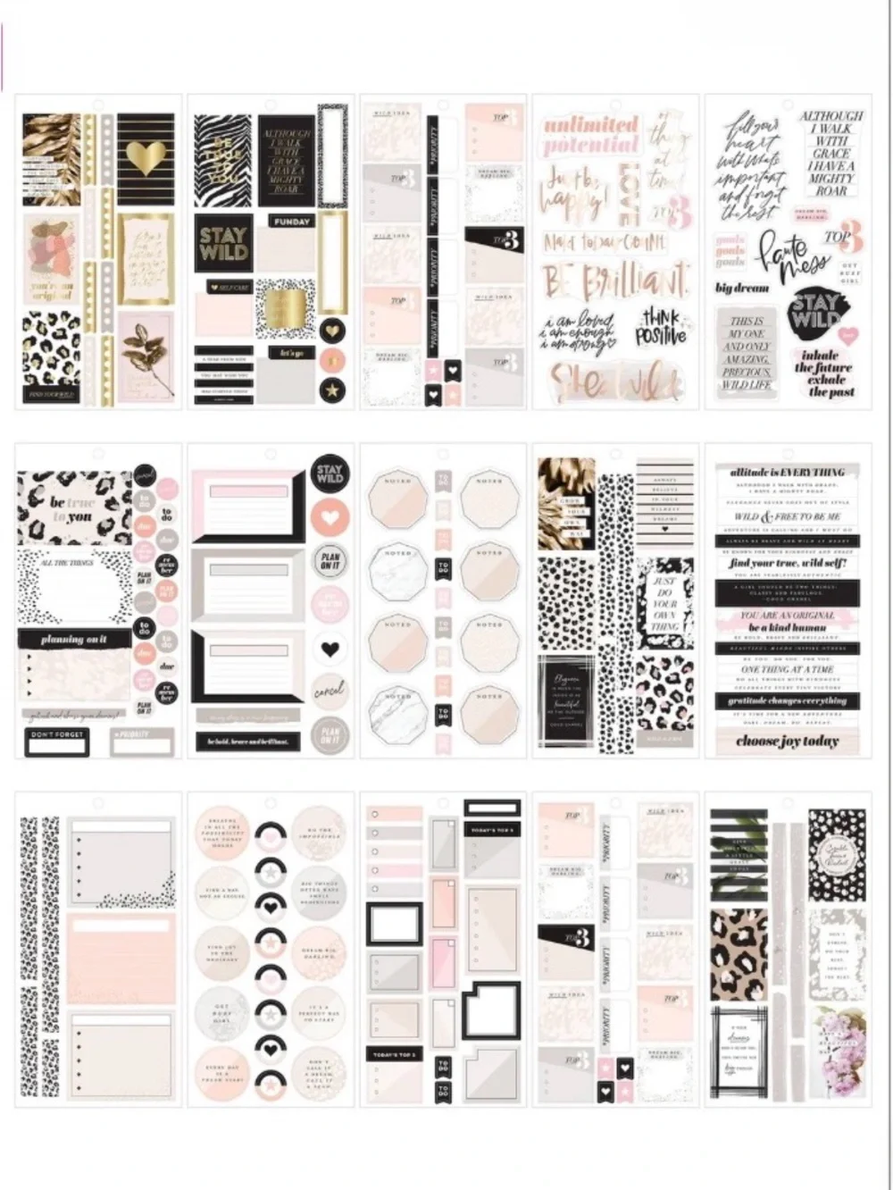 The Happy Planner Wild Styled Sticker Sheets - Pink, Black, Gold & White